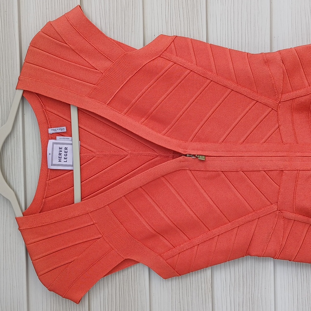 NWOT $2147 Herve Leger Orange Bandage Zip Front Dress - Picture 3 of 10